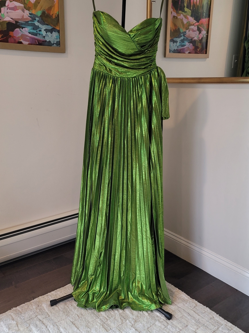 NWOT FAEREISTY Metallic Green Ruched Bodice Pleated Hem Formal Dress Size XS - Picture 4 of 12